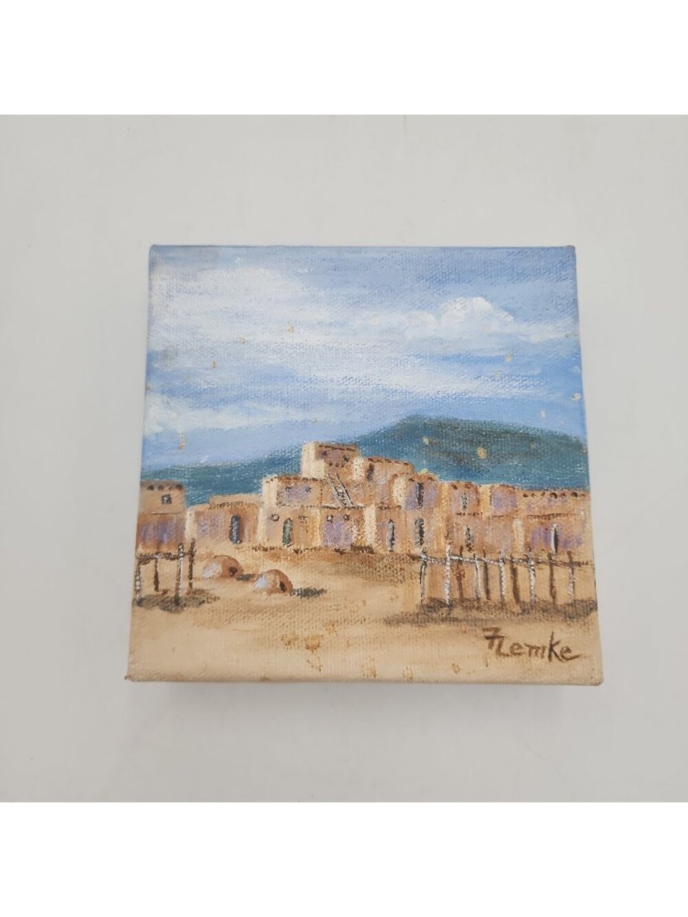 Original Oil Painting On Canvas Pueblo Signed Flemke 5x5” Southwestern